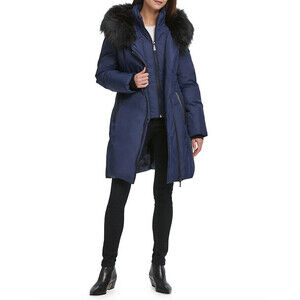DKNY Women's Faux Fur Trim Puffer Jacket In Navy Size S $350